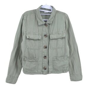 Nicole Miller New York Linen Blend Green Long Sleeve Button Top Womens Large